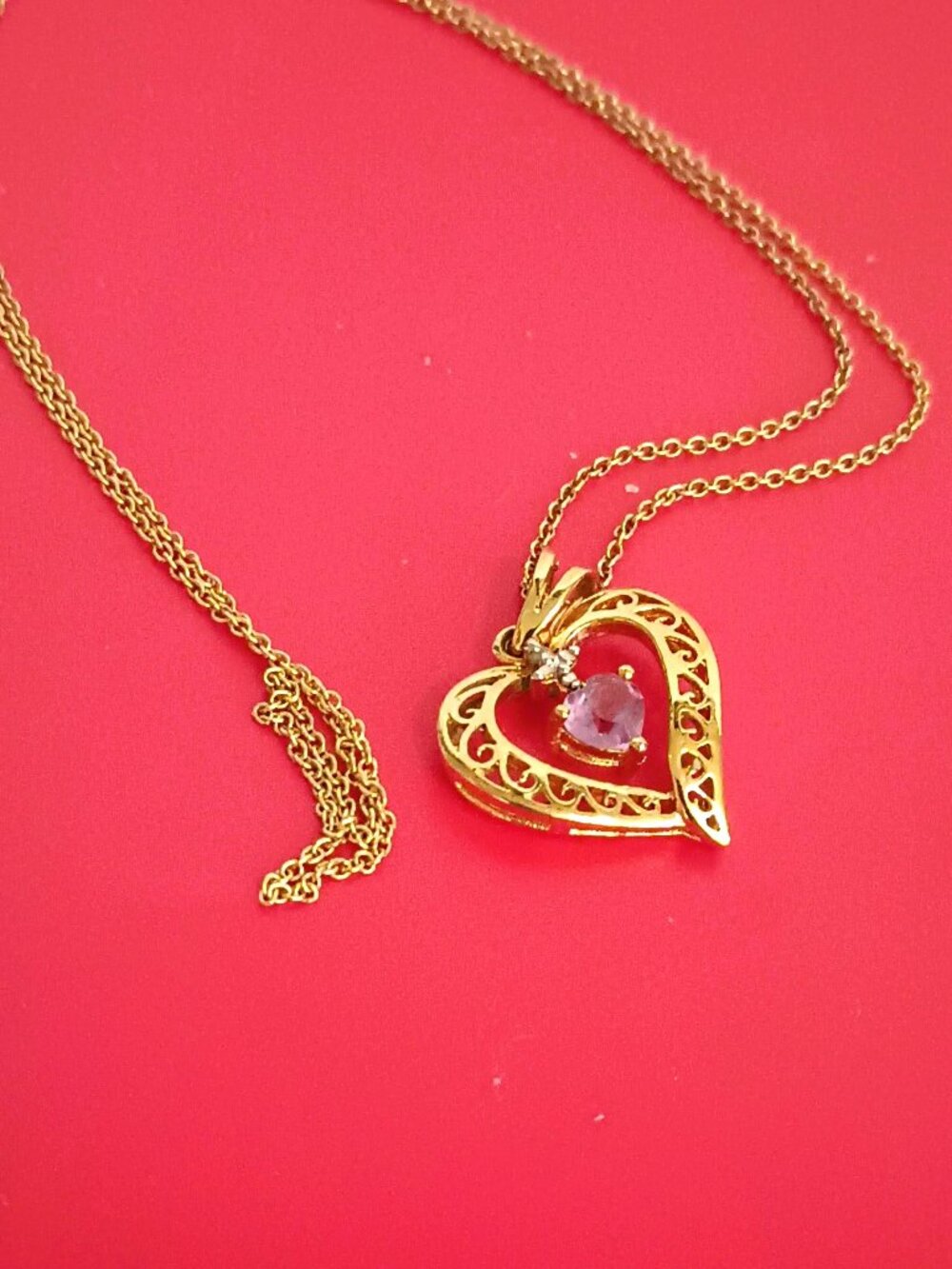 925 Filigree Heart Necklace 18" Sterling Silver Floating Purple Heart Stone
